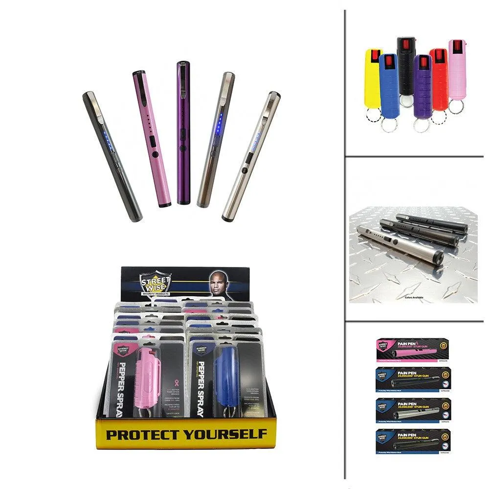 24 Units Pain Pen Stun Guns and Key-Chain Pepper Spray Bundled