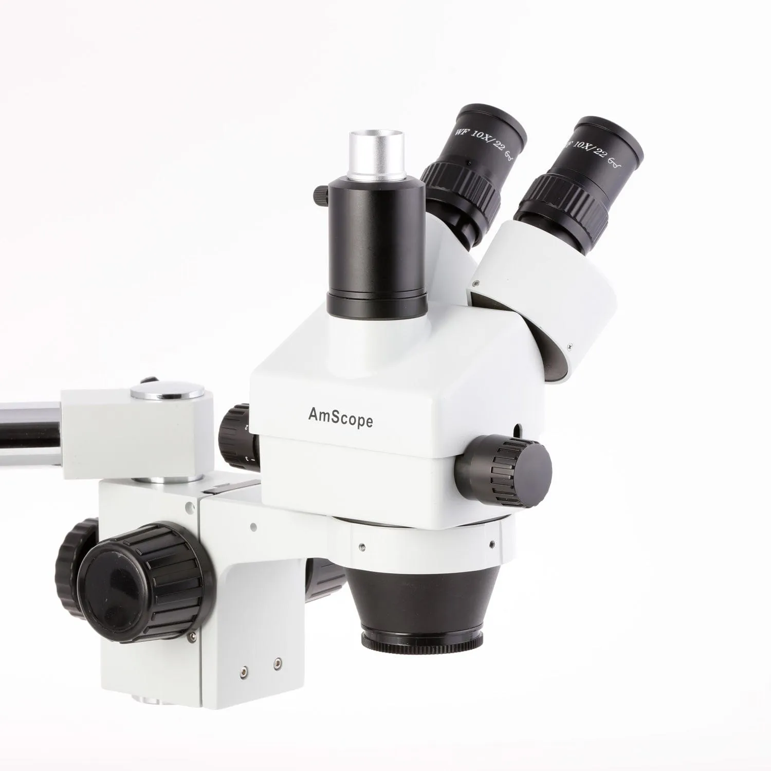 AmScope SM-3 Series Simul-Focal Lockable Zoom Trinocular Stereo Microscope with 150W Halogen Dual Fiber Gooseneck Lights and Auto Focus Camera on Single Arm Boom Stand