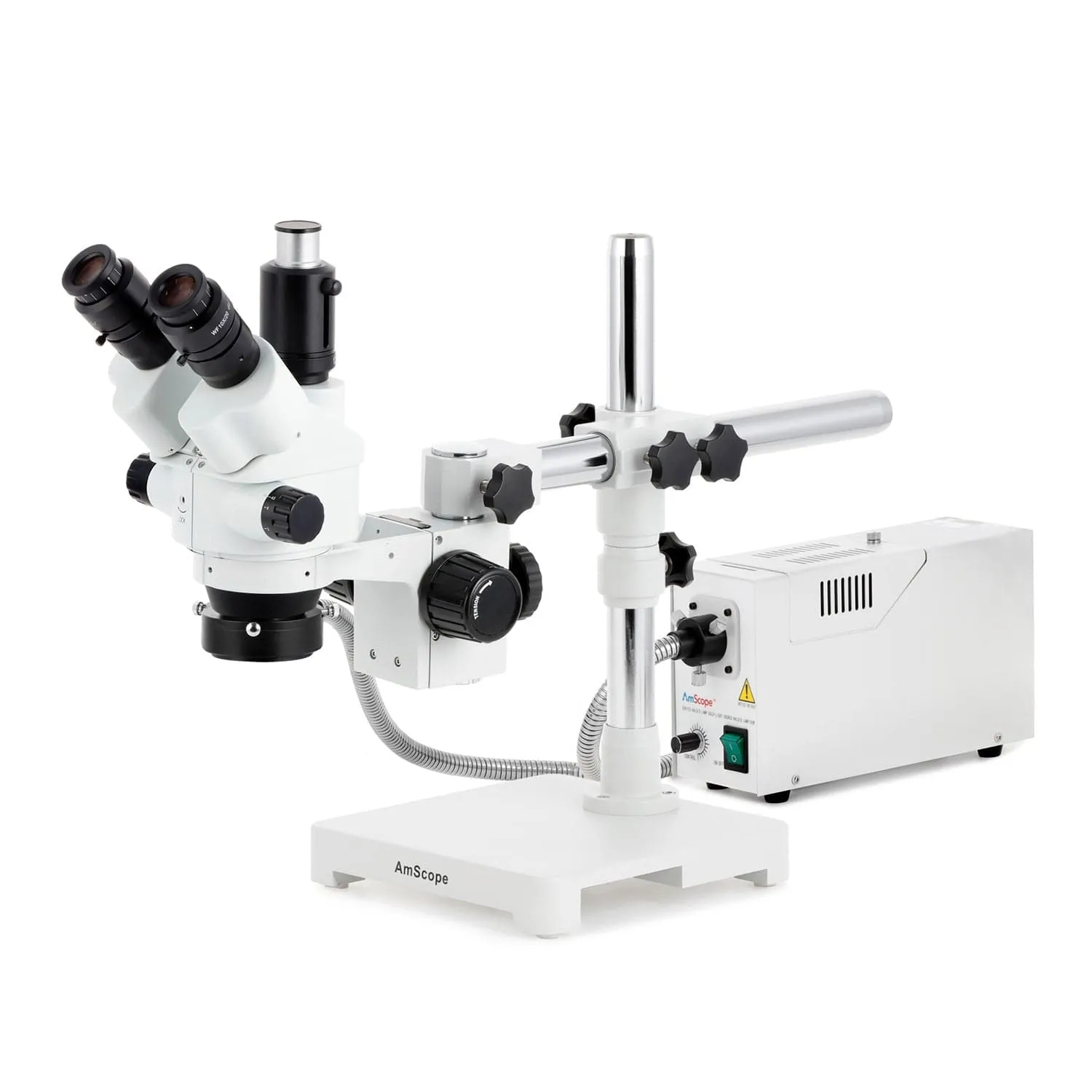 AmScope SM-3 Series Simul-Focal Lockable Zoom Trinocular Stereo Microscope with 150W Halogen Dual Fiber Gooseneck Lights and Auto Focus Camera on Single Arm Boom Stand