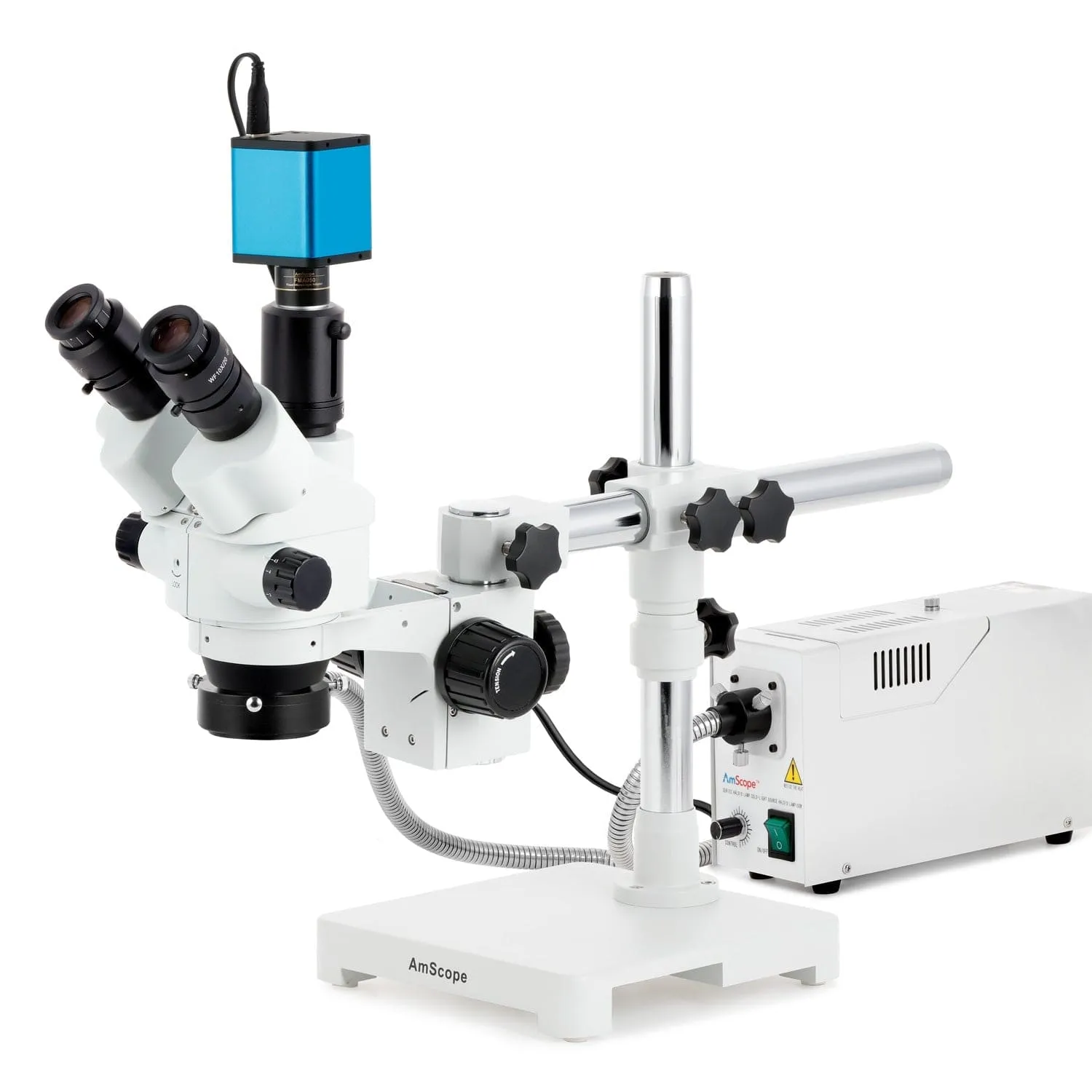 AmScope SM-3 Series Simul-Focal Lockable Zoom Trinocular Stereo Microscope with 150W Halogen Dual Fiber Gooseneck Lights and Auto Focus Camera on Single Arm Boom Stand