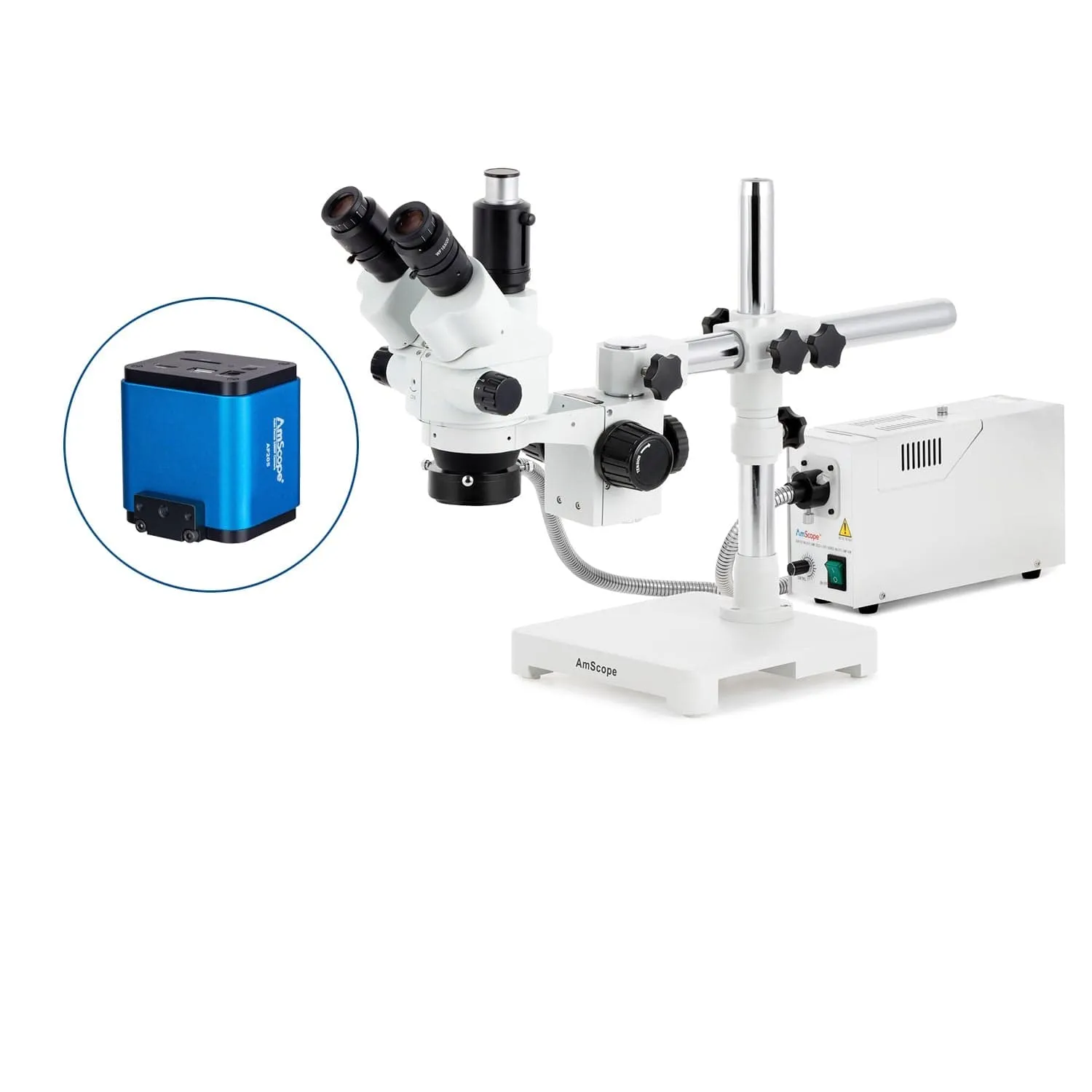 AmScope SM-3 Series Simul-Focal Lockable Zoom Trinocular Stereo Microscope with 150W Halogen Dual Fiber Gooseneck Lights and Auto Focus Camera on Single Arm Boom Stand