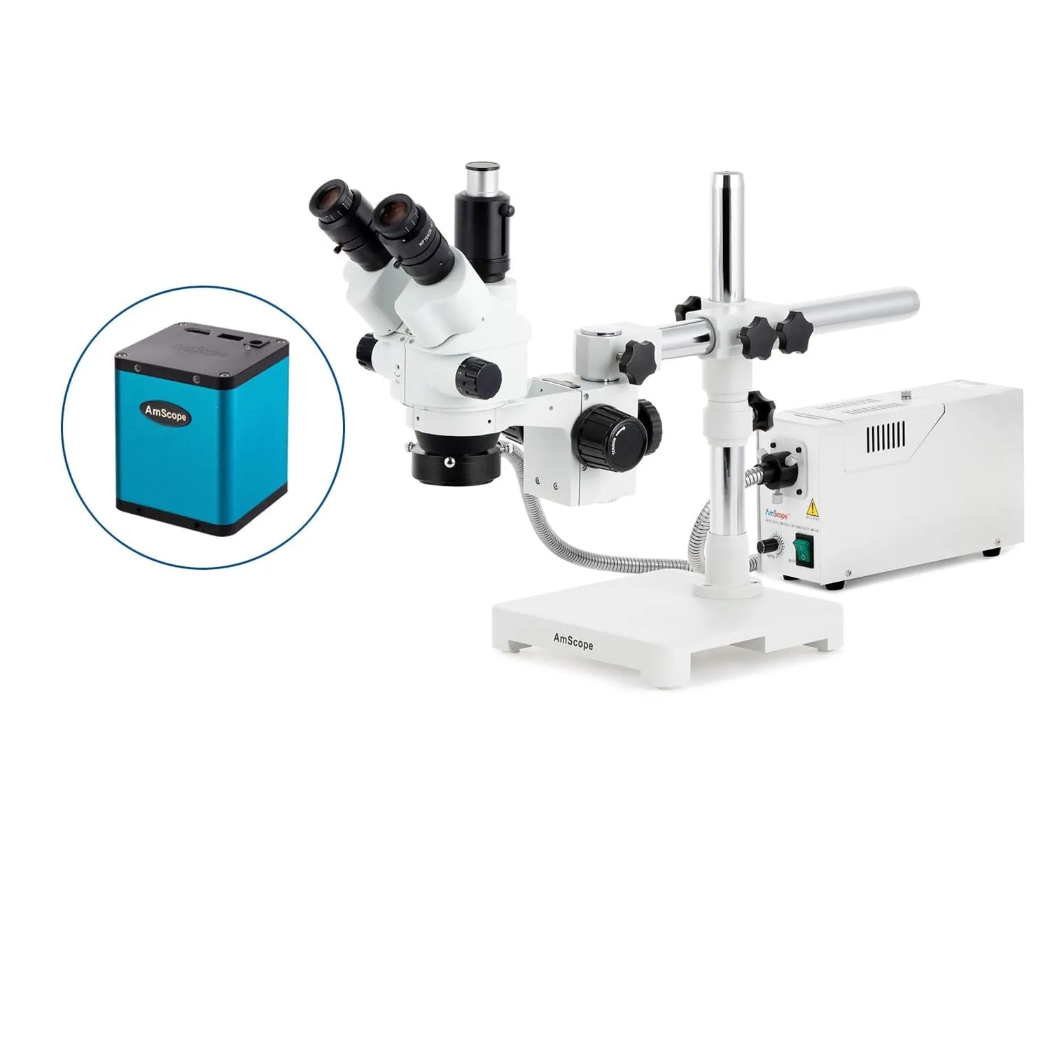 AmScope SM-3 Series Simul-Focal Lockable Zoom Trinocular Stereo Microscope with 150W Halogen Dual Fiber Gooseneck Lights and Auto Focus Camera on Single Arm Boom Stand