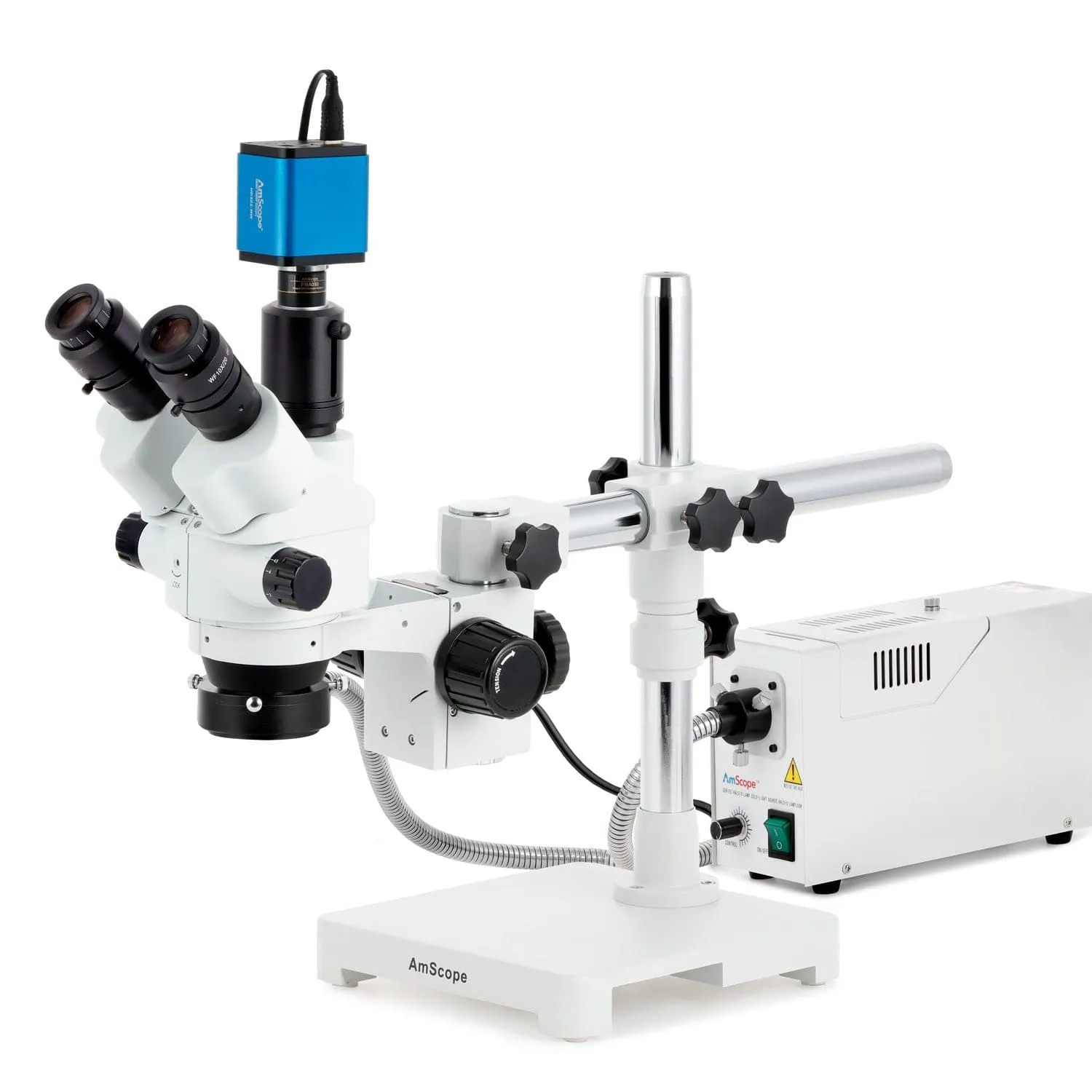 AmScope SM-3 Series Simul-Focal Lockable Zoom Trinocular Stereo Microscope with 150W Halogen Dual Fiber Gooseneck Lights and HDMI Camera on Single Arm Boom Stand