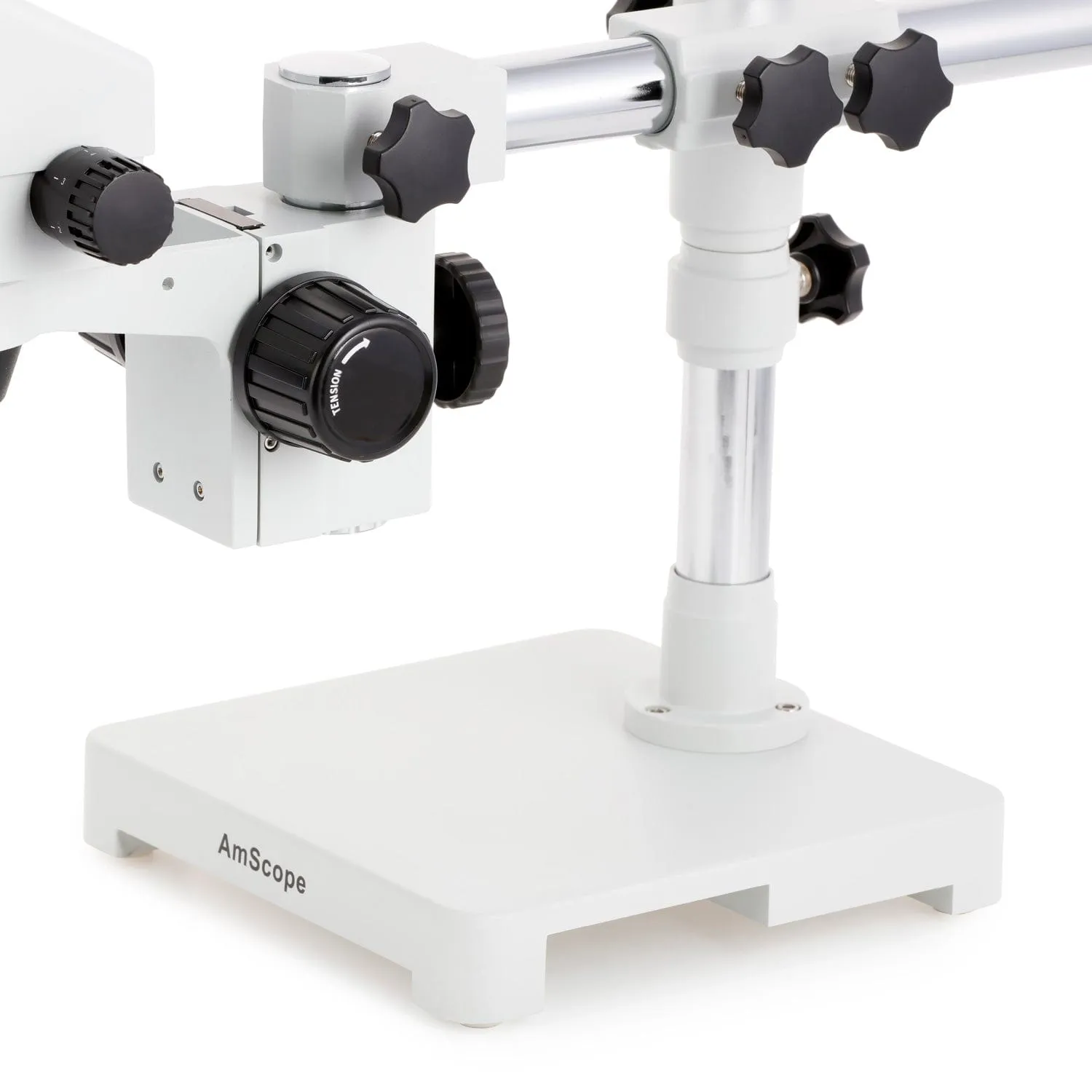 AmScope SM-3 Series Simul-Focal Lockable Zoom Trinocular Stereo Microscope with 150W Halogen Dual Fiber Gooseneck Lights and Optional Digital Camera on Single Arm Boom Stand