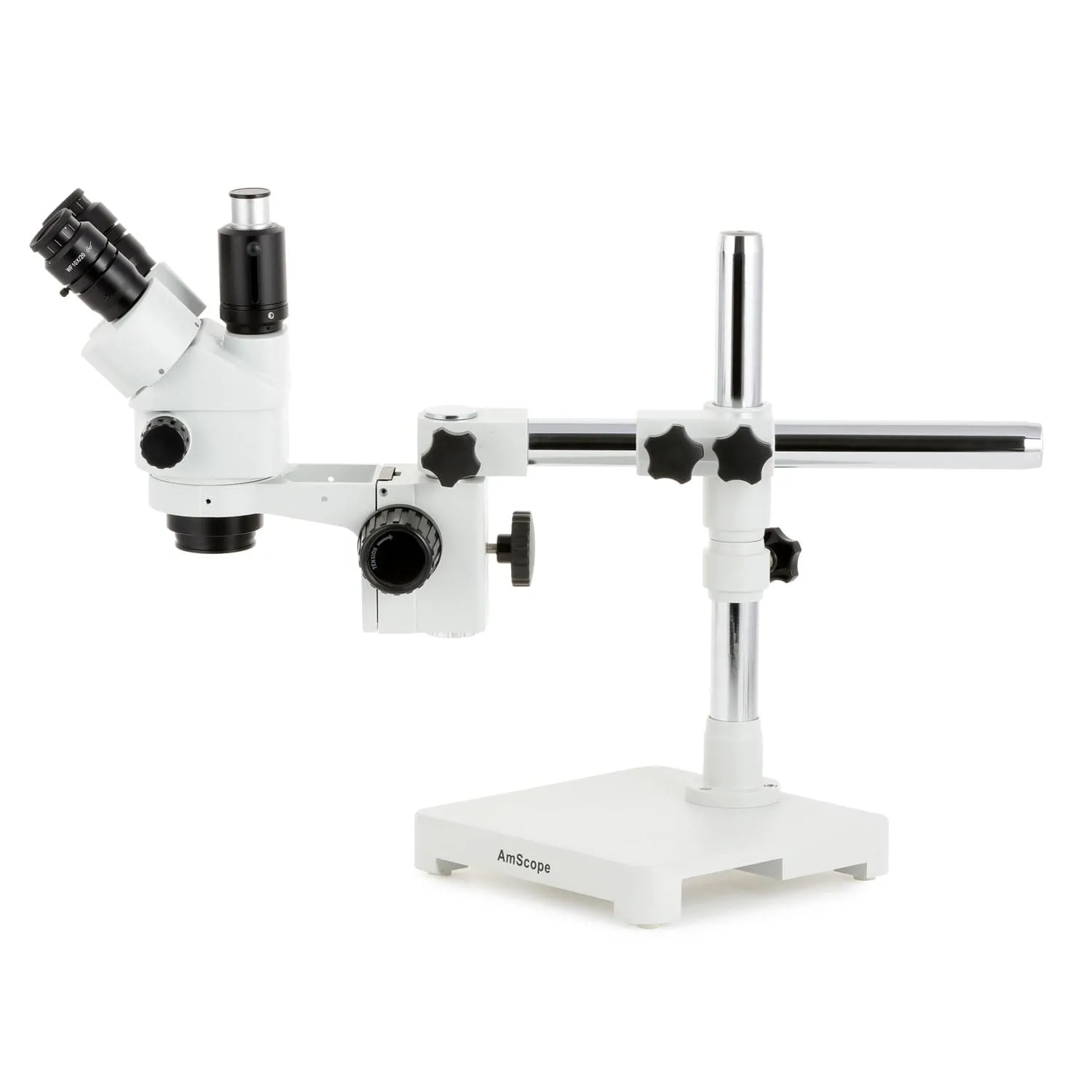 AmScope SM-3 Series Simul-Focal Lockable Zoom Trinocular Stereo Microscope with 150W Halogen Dual Fiber Gooseneck Lights and Optional Digital Camera on Single Arm Boom Stand