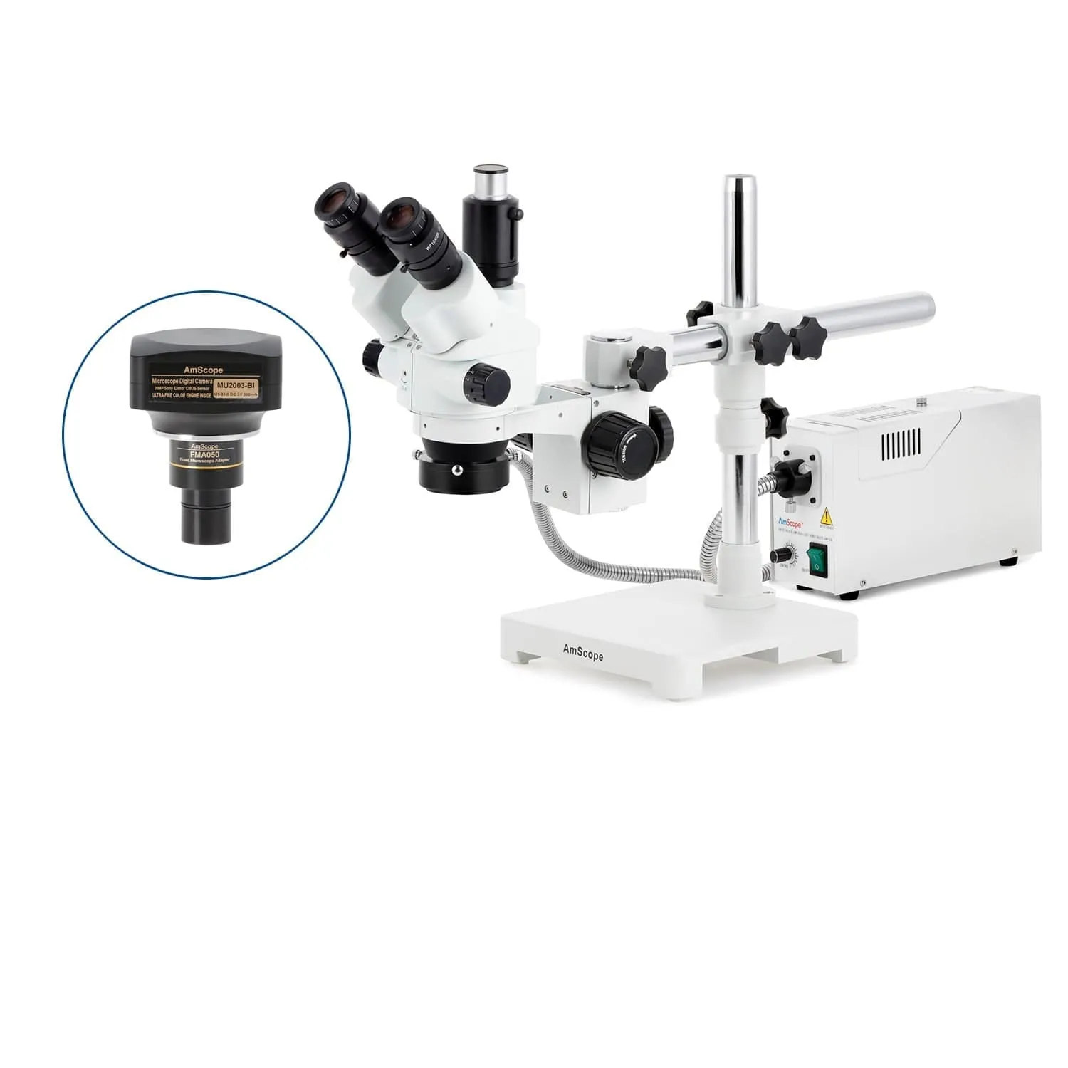 AmScope SM-3 Series Simul-Focal Lockable Zoom Trinocular Stereo Microscope with 150W Halogen Dual Fiber Gooseneck Lights and Optional Digital Camera on Single Arm Boom Stand