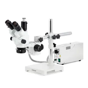 AmScope SM-3 Series Simul-Focal Lockable Zoom Trinocular Stereo Microscope with 150W Halogen Dual Fiber Gooseneck Lights and Optional Digital Camera on Single Arm Boom Stand