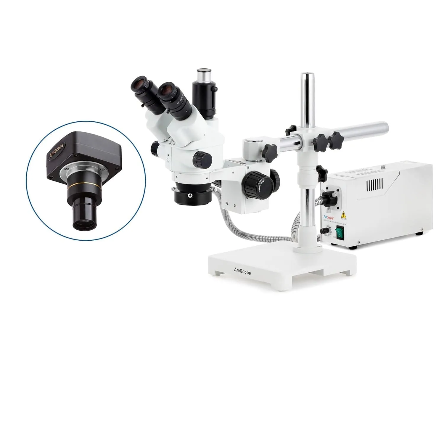 AmScope SM-3 Series Simul-Focal Lockable Zoom Trinocular Stereo Microscope with 150W Halogen Dual Fiber Gooseneck Lights and Optional Digital Camera on Single Arm Boom Stand