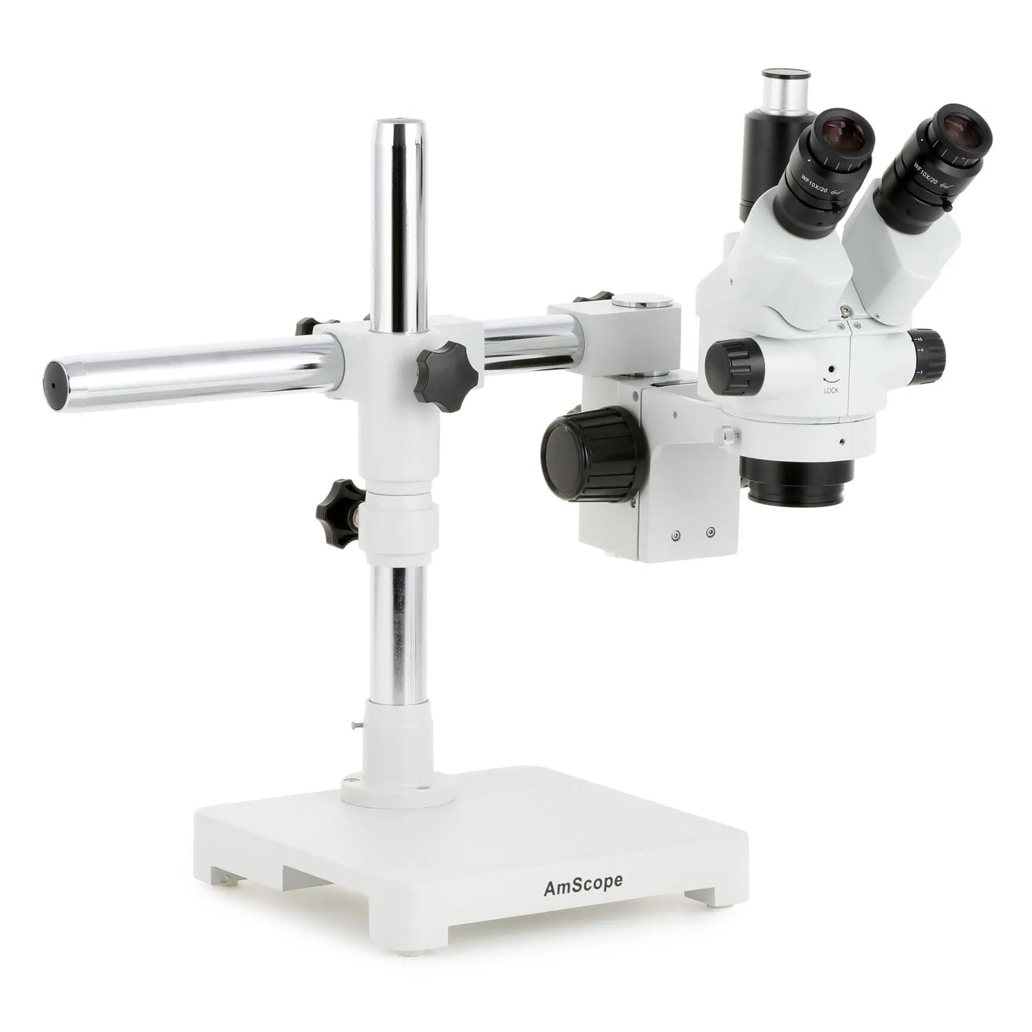 AmScope SM-3 Series Simul-Focal Lockable Zoom Trinocular Stereo Microscope with 150W Halogen Dual Fiber Gooseneck Lights and Optional Digital Camera on Single Arm Boom Stand