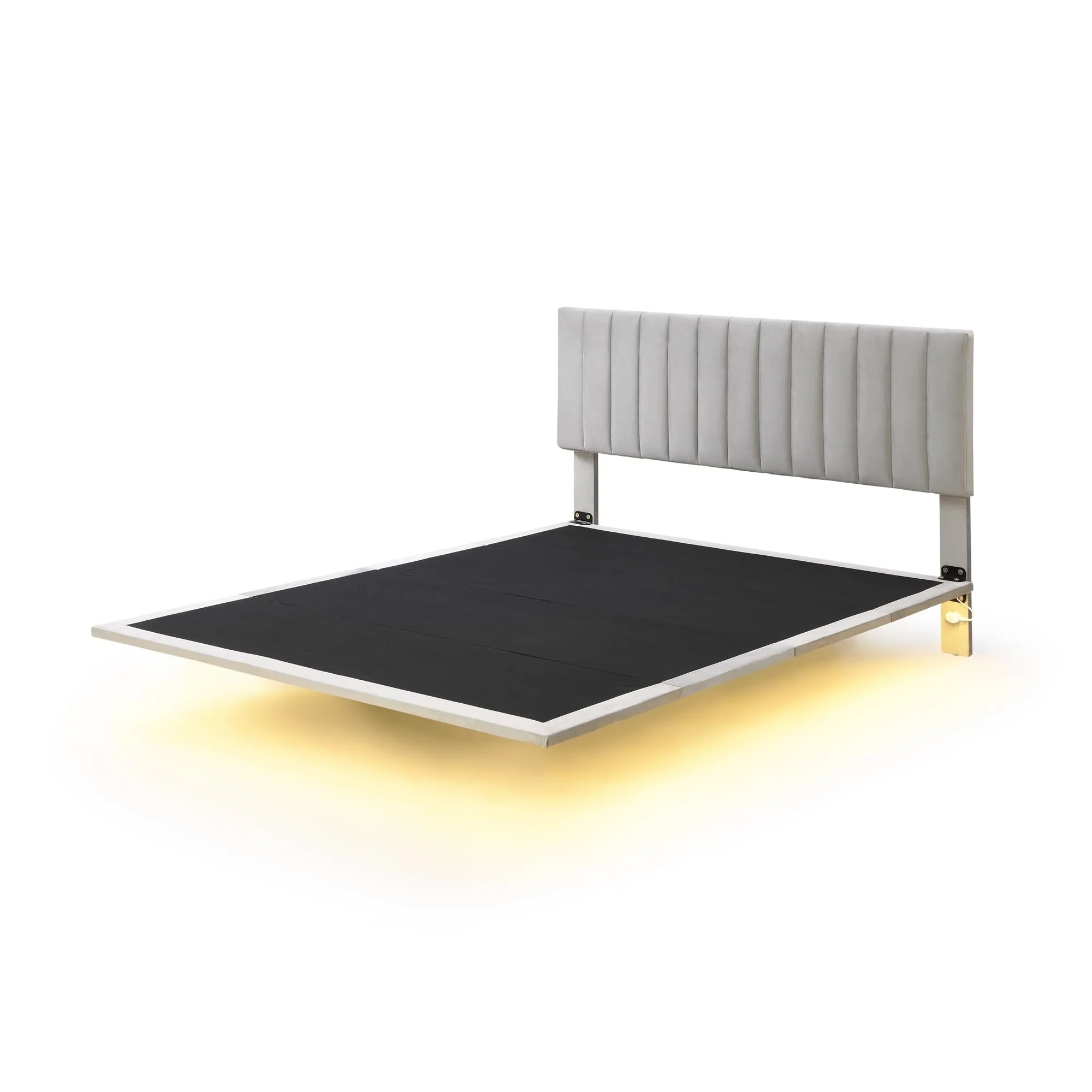 Floating Bed Frame Queen Size, Upholstered Platform Bed with Headboard and Sensor Light, Modern Velvet Queen Beds with Light for Kids Teens Adults, No Box Spring Needed, Gray