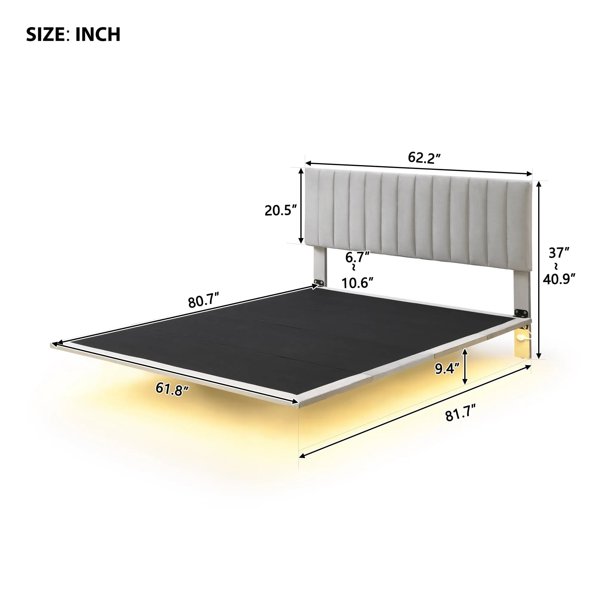 Floating Bed Frame Queen Size, Upholstered Platform Bed with Headboard and Sensor Light, Modern Velvet Queen Beds with Light for Kids Teens Adults, No Box Spring Needed, Gray