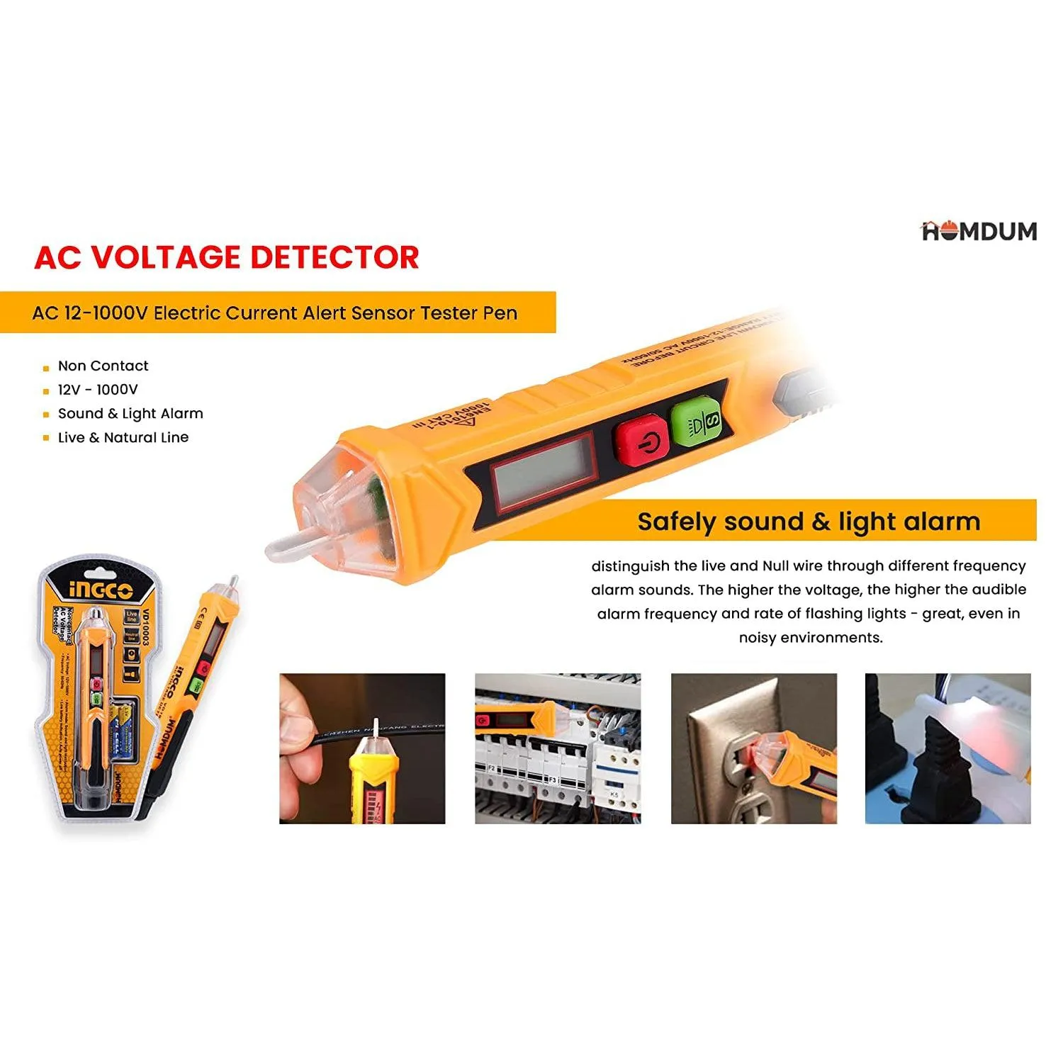 INGCO AC Voltage Detector, Non-Contact Voltage Tester, 12-1000V AC Voltage Detector Pen, Sound and light Alarm,Circuit Tester Tool with LED, Auto power off  VD10003