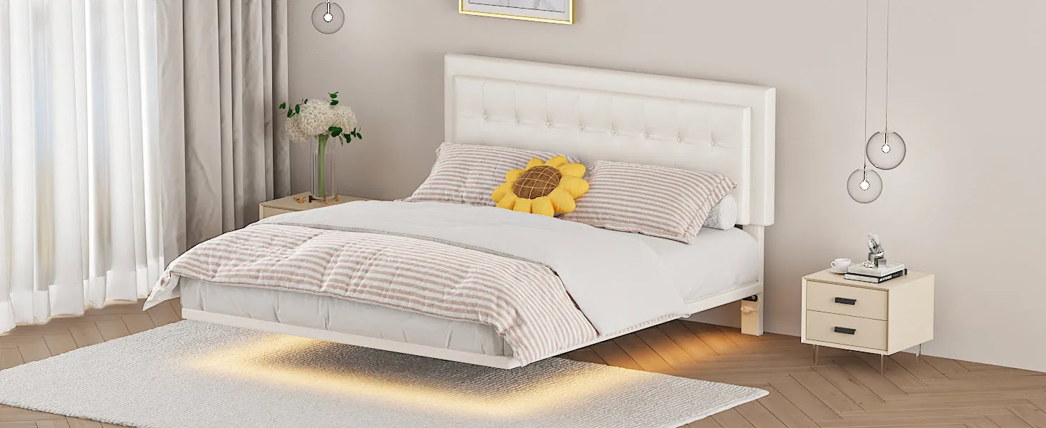 Omi Queen Floating Bed Frame w Motion Activated Night Lights -White