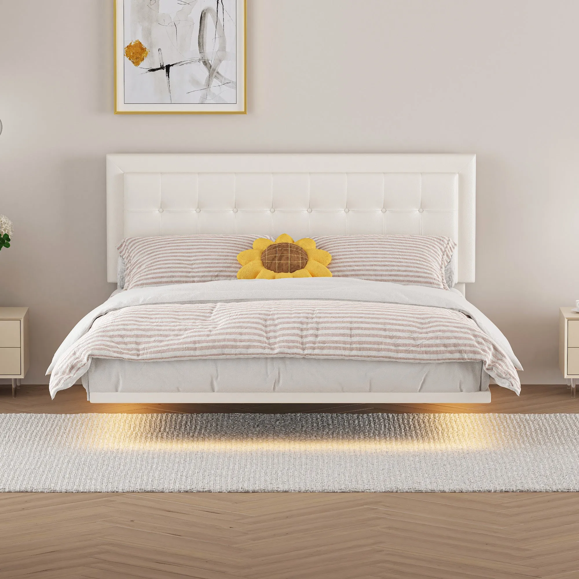 Omi Queen Floating Bed Frame w Motion Activated Night Lights -White