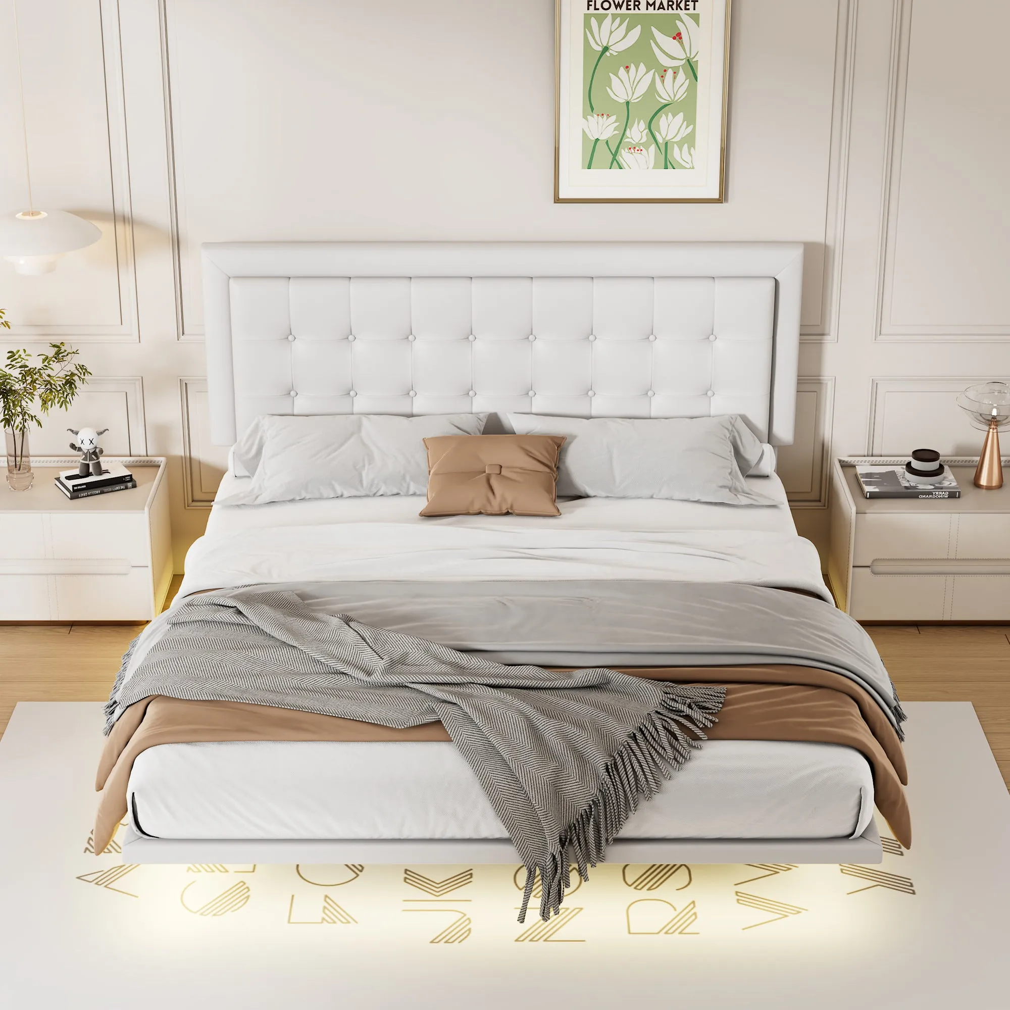 Omi Queen Floating Bed Frame w Motion Activated Night Lights -White